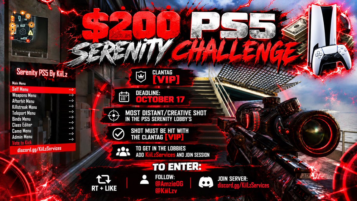 AmzieOG's tweet photo. 💥$200 PS5 SERENITY CHALLENGE 

To Enter:
RT + Like 
Follow: @AmzieOG @KiiLzv
Join Server: https://t.co/7CqoInXwNK https://t.co/kHyMVhE8rC