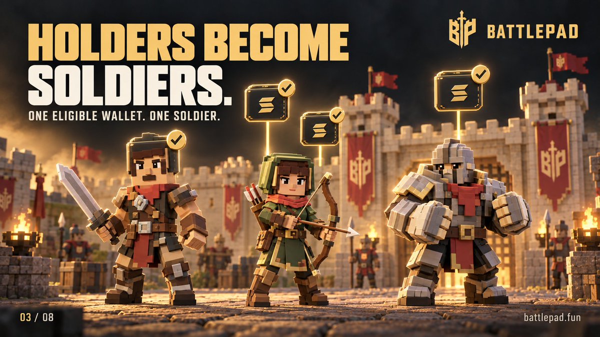 battlepadfun's tweet photo. Your community becomes the army.

Each eligible wallet holding $10+ of a kingdom token gets one soldier after verification.

Connect your wallet to find and follow yours.

Holding checks and price history must be ready first, so soldiers don’t appear instantly. https://t.co/DW5Aoz5ZQT