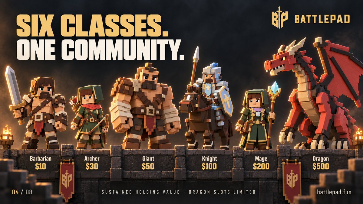 battlepadfun's tweet photo. Different holdings unlock different soldiers:

$10 → Barbarian
$30 → Archer
$50 → Giant
$100 → Knight
$200 → Mage
$500 → Dragon

These use sustained token value, not how much you once spent. Dragon slots are limited. Class changes happen at base between battles. https://t.co/718OfVRc3S