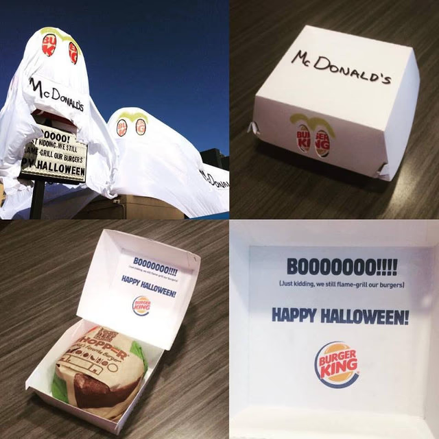 creative_i_p's tweet photo. 【競合に仮装】
バーガーキングはハロウィーンに「マクドナルドに仮装」した企画。看板含めて店舗丸ごと仮装させた「企画のやりきり」と、パッケージやメッセージの「クリエイティブの適当さ」のバランスが絶妙で良い。 https://t.co/WJdgW7ExNq