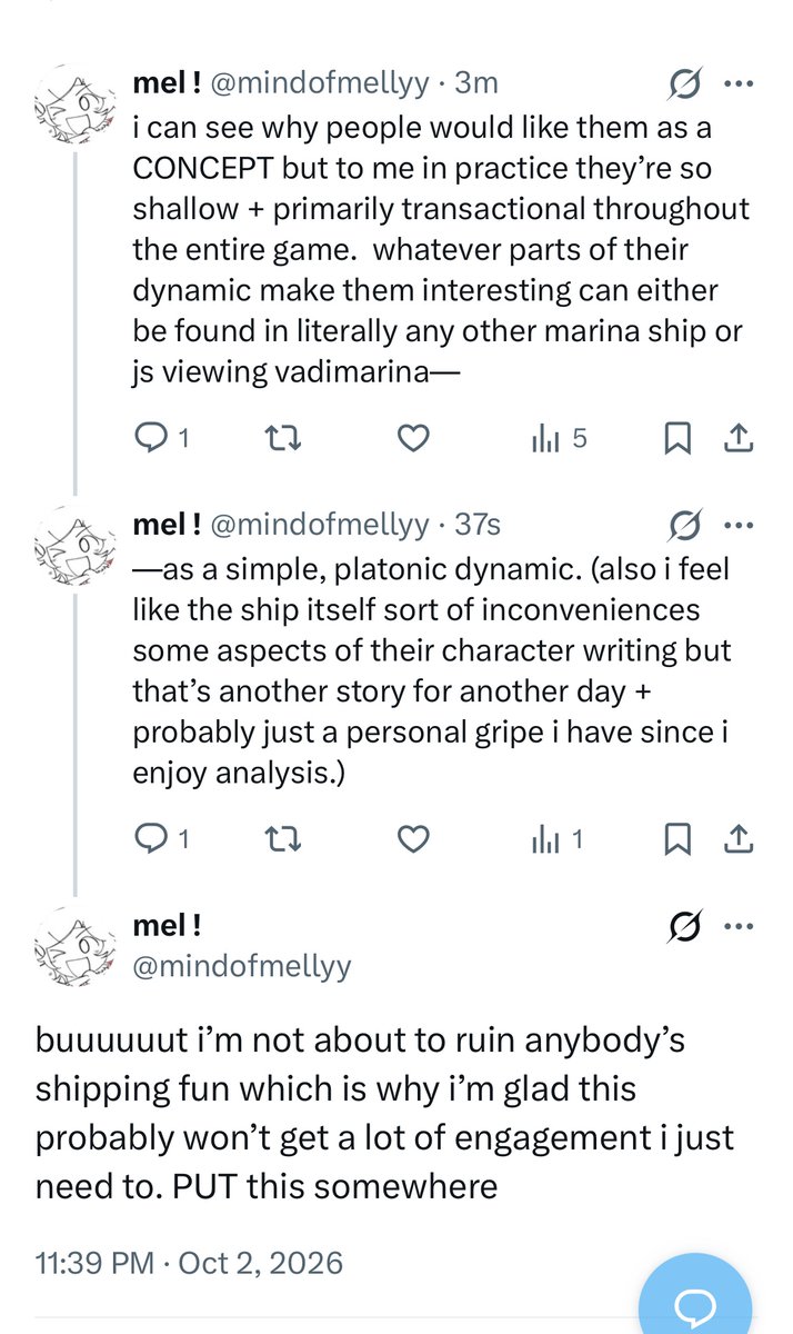 mindofmellyy's tweet photo. @_WayroK_ what i mean by the “inconveniences some aspects of their character writing” thing i’m specifically referring to how some interpretations of vadimarina are sorttt of just reaches/baseless interpretations that i personally just find really bland— https://t.co/zOQ953fphv