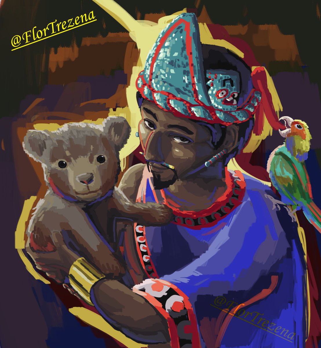 FlorTrezena's tweet photo. Tlahtoani Montezuma holding two animals from his personal zoo (totocalli), two of which are nowadays extinct (Mexican grizzly bear and the Carolina Parakeet)
#art #aztec #mesoamerica https://t.co/N4IgI1ThZz