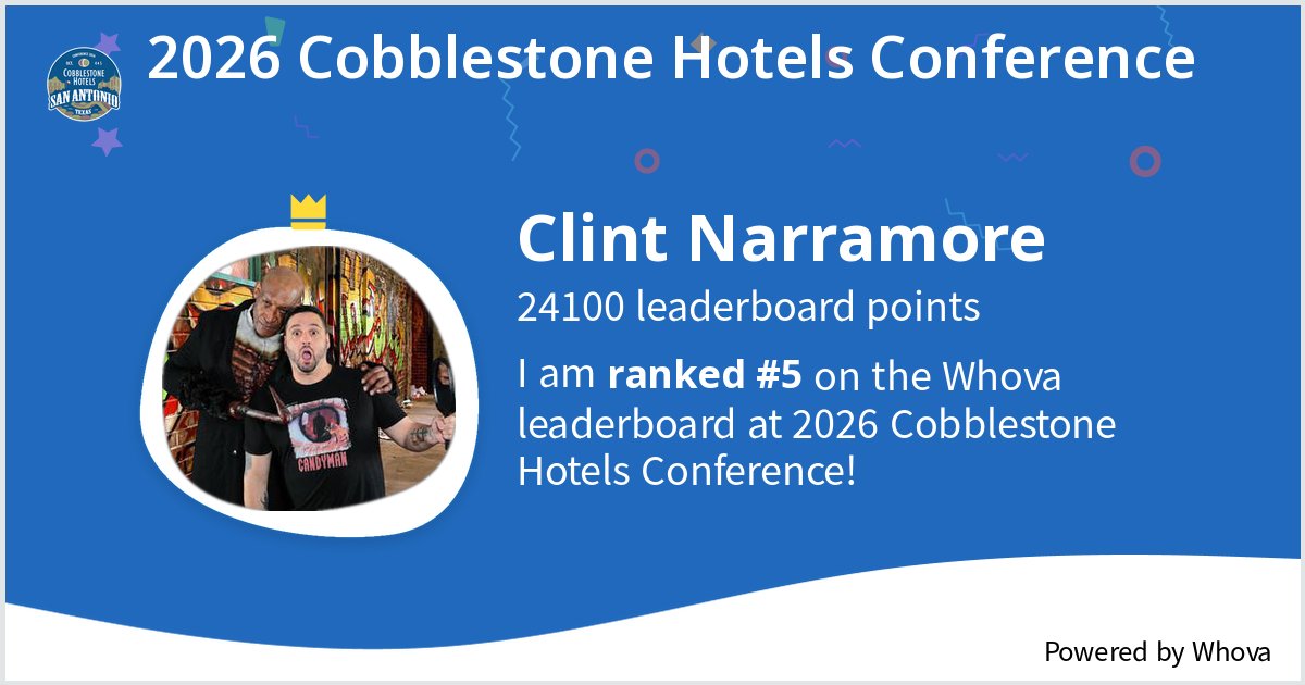 ClintN34's tweet photo. I ranked #5 on the Whova leaderboard at 2026 Cobblestone Hotels Conference! #CobblestoneConference - via #Whova event app https://t.co/5s248Lgh60