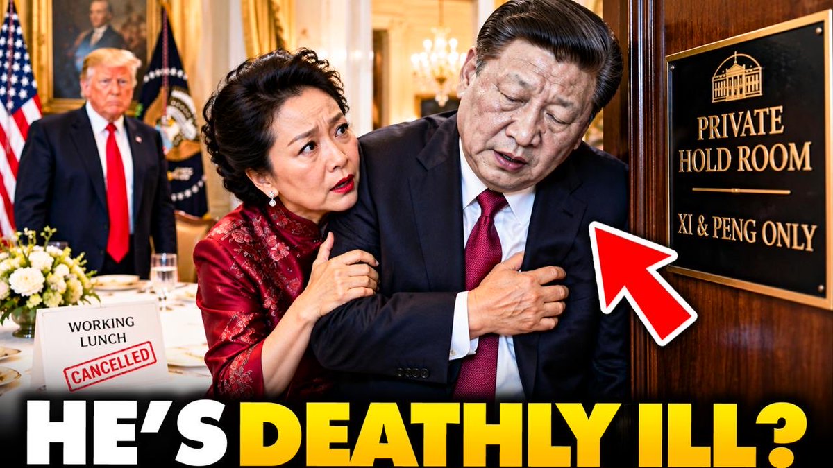 The image depicts Xi Jinping appearing unwell, with a sign for a "PRIVATE HOLD ROOM XI & PENG ONLY" beside him, and a "WORKING LUNCH CANCELLED" sign in the foreground, suggesting concerns about his health during the White House summit with Donald Trump.