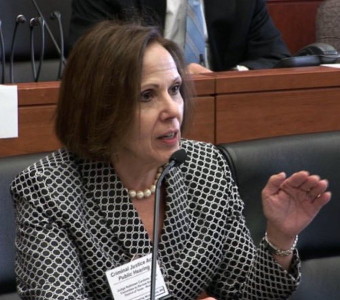 A woman with short brown hair wearing a patterned blazer and pearl necklace speaking into a microphone, with a name tag reading 'Criminal Justice A... Public Hearing' and 'Judge [name], Commis...'.