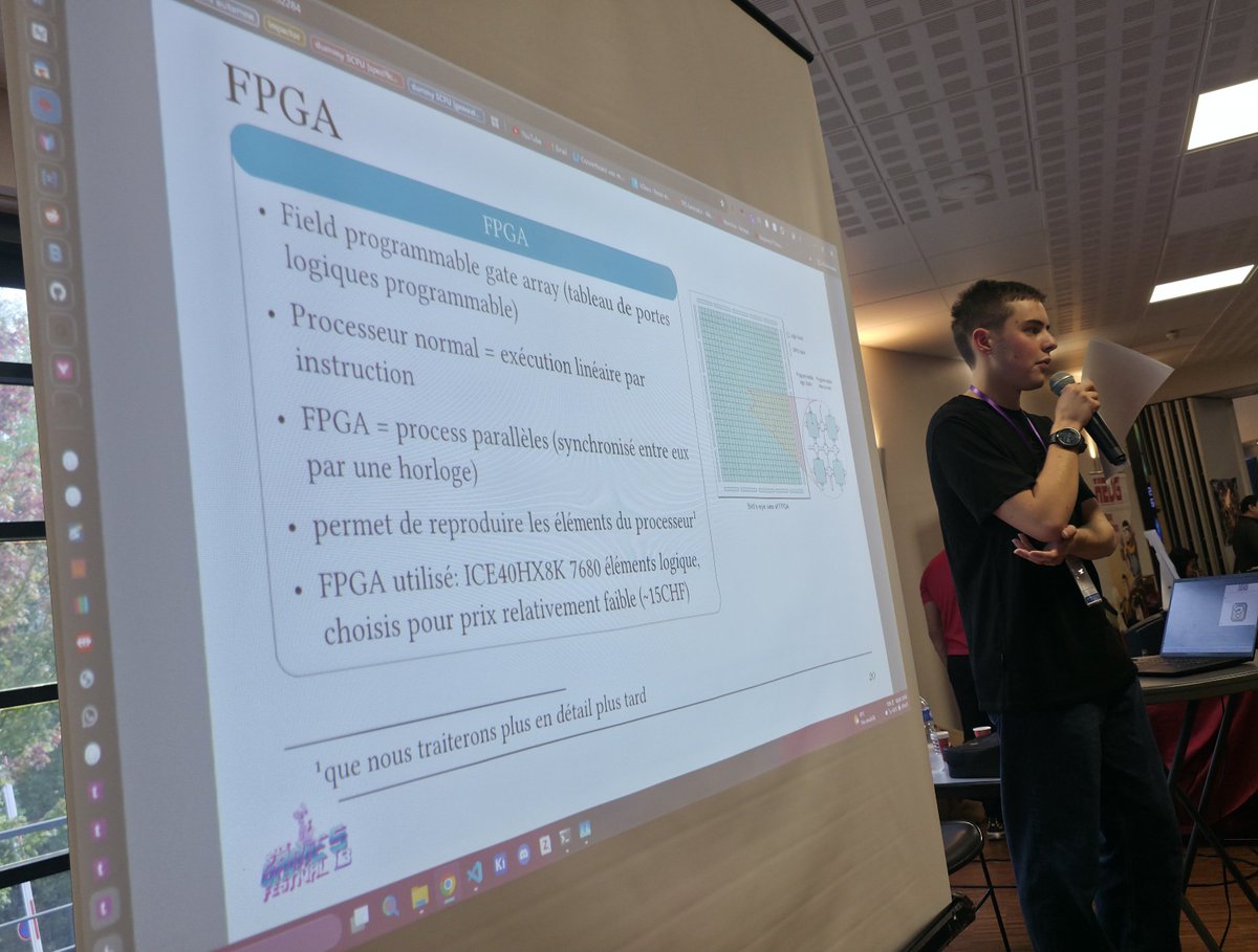 FFVIMan's tweet photo. Aujourd'hui, au Savoie Games Festival, présentation des travaux de Léon ROMANENS @leonllrmc sur la création d'un CPU de remplacement de Super Nintendo/Super Famicom en FPGA. Avec console en démonstration : https://t.co/9h2pdAtwPz