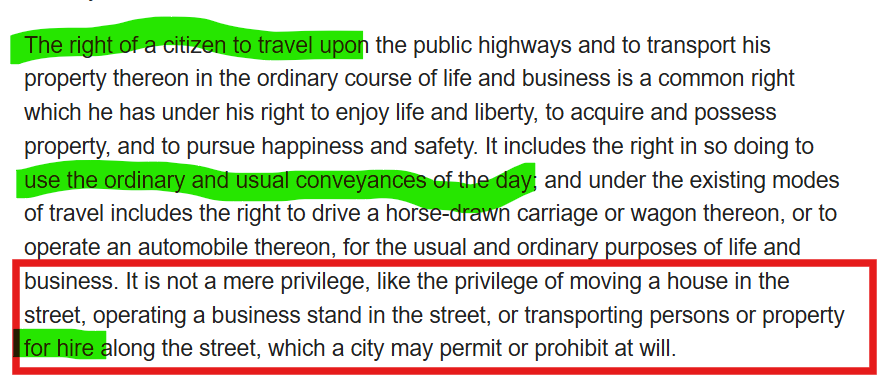 EducatedinLaw's tweet photo. State can require permits for DRIVING (FOR HIRE) but NOT for TRAVELING (in ANY conveyance).  

Cite: Thompson v Smith, 1930. Virginia Supreme Court !!!!

"The key passage says the common right includes operating an automobile for the “usual and ordinary purposes of life & business,” and then contrasts that with “transporting persons or property for hire along the street,” which it calls a privilege that a city may permit or prohibit." - ChatGPT
https://t.co/FPC0zATIQu

Points 1-4 about driving. 
Points 5 & 6 about traveling (in any conveyance
https://t.co/K4tXekNH06

Back in 1930, driving meant chauffering. Only because of K-12 indoctrination and media lies do average people think private use of an automobile for everyday life is driving/chauffering.  

Richard:McDonald always brings up court cases, and now I know why. It's a silver bullet. 

Richard:McDonald also brought up the definition switch, of pretending driving can be not for hire. 

🎩Hat tip to Living in the Private that lists Thompson v Smith and many other court cases on the right to travel. 
https://t.co/3X9yMpZhNN

Richard:McDonald also says automobiles are home goods. Don't recall why that helps.