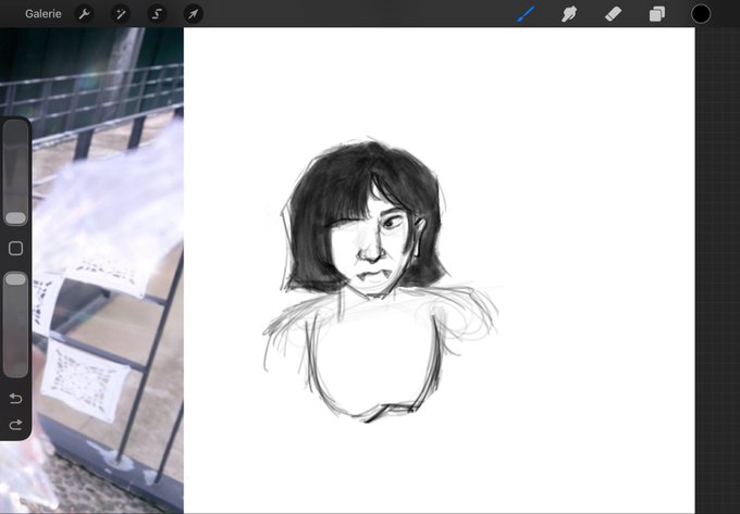 A digital drawing in progress shows a rough sketch of a person's face and upper torso on a white canvas within an art application interface.