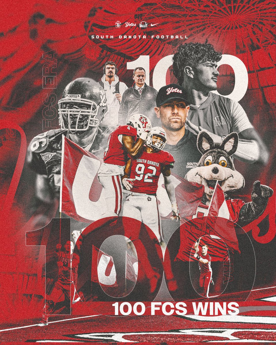 SDCoyotesFB's tweet photo. 𝟏𝟎𝟎 𝐅𝐂𝐒 𝐖𝐈𝐍𝐒 ‼️😤

With the win over Indiana State today, South Dakota picks up their 100th win as an FCS program since moving up in 2008!

#GoYotes x @NCAA_FCS https://t.co/g4C0mASOWU