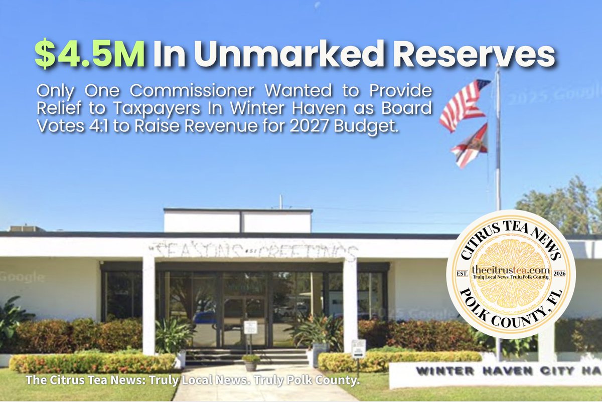 thecitrustea's tweet photo. Even with $4.5M in Unmarked Reserves, Only One Commissioner Wanted to Provide Relief to Taxpayers In Winter Haven as Board Votes 4:1 to Raise Revenue for 2027 Budget. 🍊
https://t.co/anO1dZY4pw #winterhaven #budget https://t.co/llWQzIq2Ve