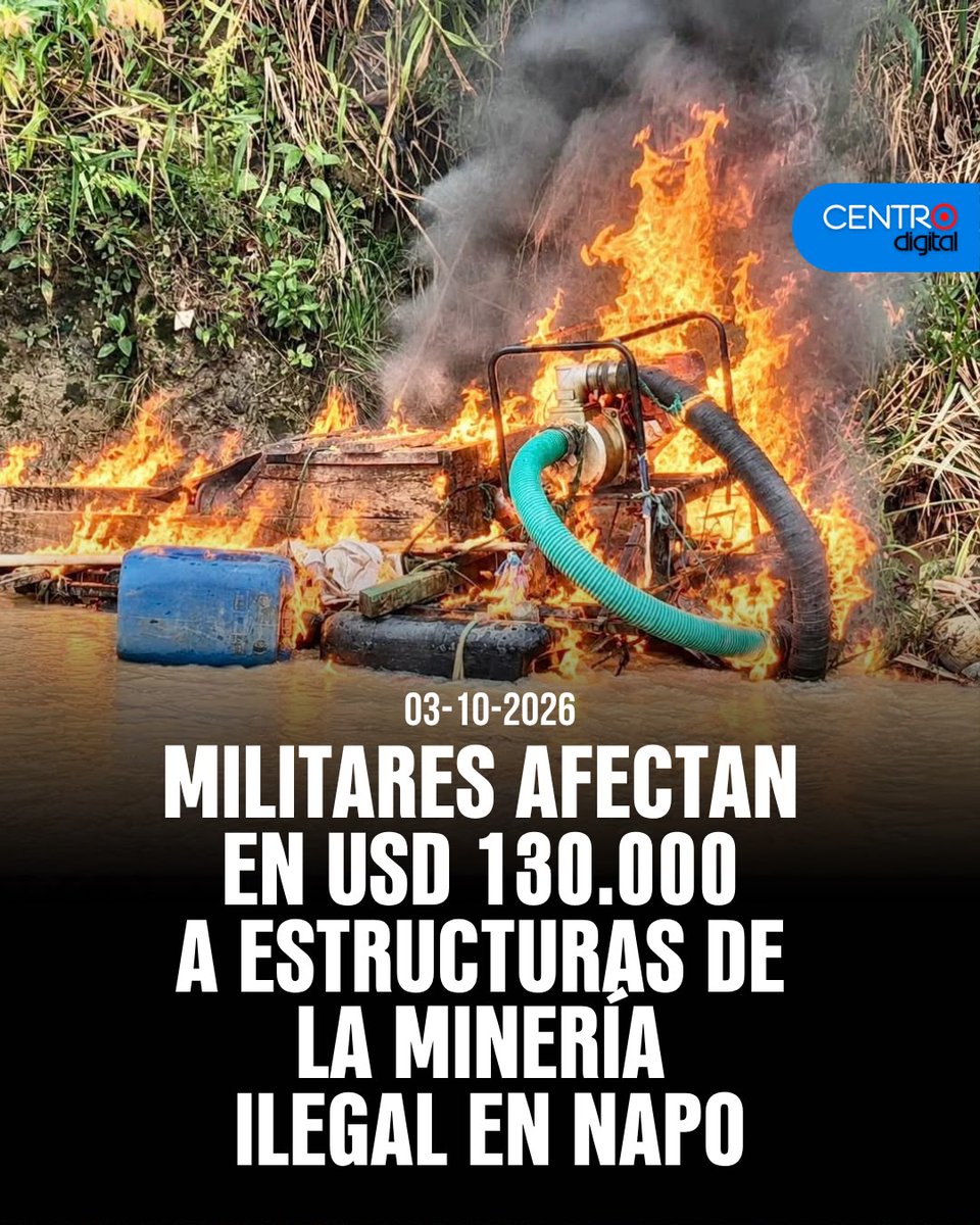 radiocentroec's tweet photo. ¡Golpe a la minería ilegal en Napo!

Las Fuerzas Armadas ejecutaron una operación militar en el cantón Tena, parroquia Ahuano, para combatir actividades de minería ilegal y estructuras vinculadas al crimen organizado.

Durante el operativo fueron inhabilitadas una excavadora y dos dragas, además de una clasificadora, bombas de agua y succión.

También se localizaron cuatro tanques con alrededor de 1.000 galones de combustible diésel.

Según las Fuerzas Armadas, la operación habría generado una afectación económica de aproximadamente 130 mil dólares a las estructuras criminales.