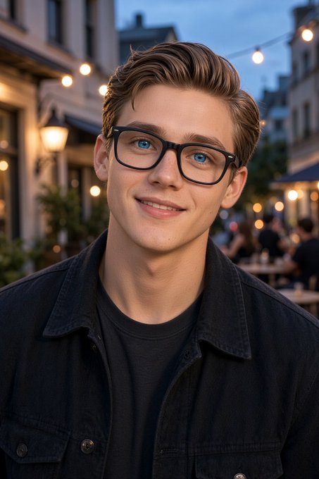 A portrait of a young man with blonde hair and blue eyes wearing black-rimmed glasses and a black shirt, smiling on an evening city street.