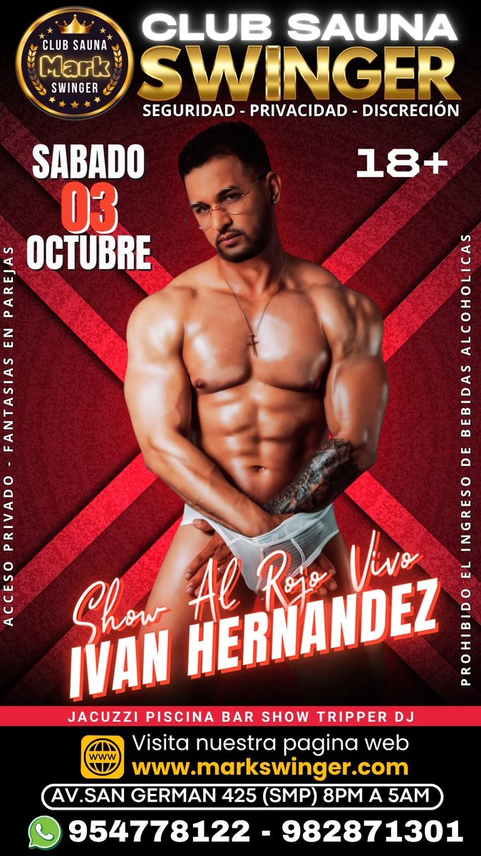 saunamarksw's tweet photo. 📆 *SÁBADO 03 OCTUBRE: SHOW DE STRIPPER CON IVAN HERNANDEZ (SEXO EN VIVO) SHOW AL ROJO VIVO*

🌀 *CONTÁCTANOS*
📱 https://t.co/LFhv8eGZ50
📱 https://t.co/MLzAJm0e1R

🏠 *LOCAL: Av. San Germán 425 (SMP)* 
🕒 *HORARIO: De 6PM A 6AM*

📌 *CHICAS: S/. 30 Soles*
📌 *PAREJAS: S/. 70 Soles*
📌 *SOLOS: S/. 100 Soles* 

📌 *INCLUYE:*
✅ Jacuzzi y piscina con hidromasaje temperado
✅ 10 habitaciones para interactuar 
✅ Cámara seca y vapor
✅ Se brindan toallas y sandalias
✅ Casilleros guardarropas
✅ Estacionamiento externo vigilado
✅ Sillones tártricos y camillas
✅ Bar, música y Show stripper
📌 *IDEAL PARA FANTASÍAS:*
✅ Exhibicionismo, nudismo 
✅ Ver y ser vistos (Cada uno con su pareja) 
✅ Intercambios de pareja
✅ Voyeurismo (solo ver)
✅ Trios HMH y experiencias cuckold

🌐 *Pagina web*
https://t.co/f5zbqgyHKJ
✖️ *Síguenos en Twitter (X)*
https://t.co/jC5U8scPLW
🎬️ *Síguenos en tiktok*
https://t.co/MJykqqlsZr
🟢 *Síguenos en Telegram*
https://t.co/guNljileMy