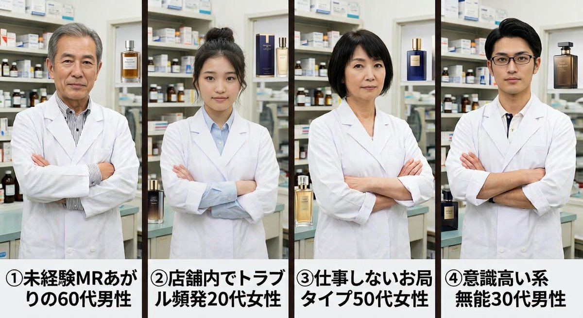 MRNISA4863401's tweet photo. あなたは一人薬剤師店舗の管理者や🐹

念願の増員が叶って、他店から1名異動できる。
この中から選んでええみたいや。

①未経験MRあがりの60代男性
②店舗内でトラブル頻発の20代女性
③仕事しないお局タイプの50代女性
④意識高い系・無能の30代男性

誰を選ぶ？ https://t.co/F9UlPOE1FQ