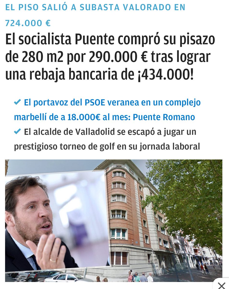 AdelantePucela's tweet photo. @ValladolidSER ¿Estaba Oscar Puente por allí? 

Total, solo tiene 5 casas. Y una de ellas espero a que se la expropiarán a una familia para comprársela al banco https://t.co/cVTJ9i5lrD