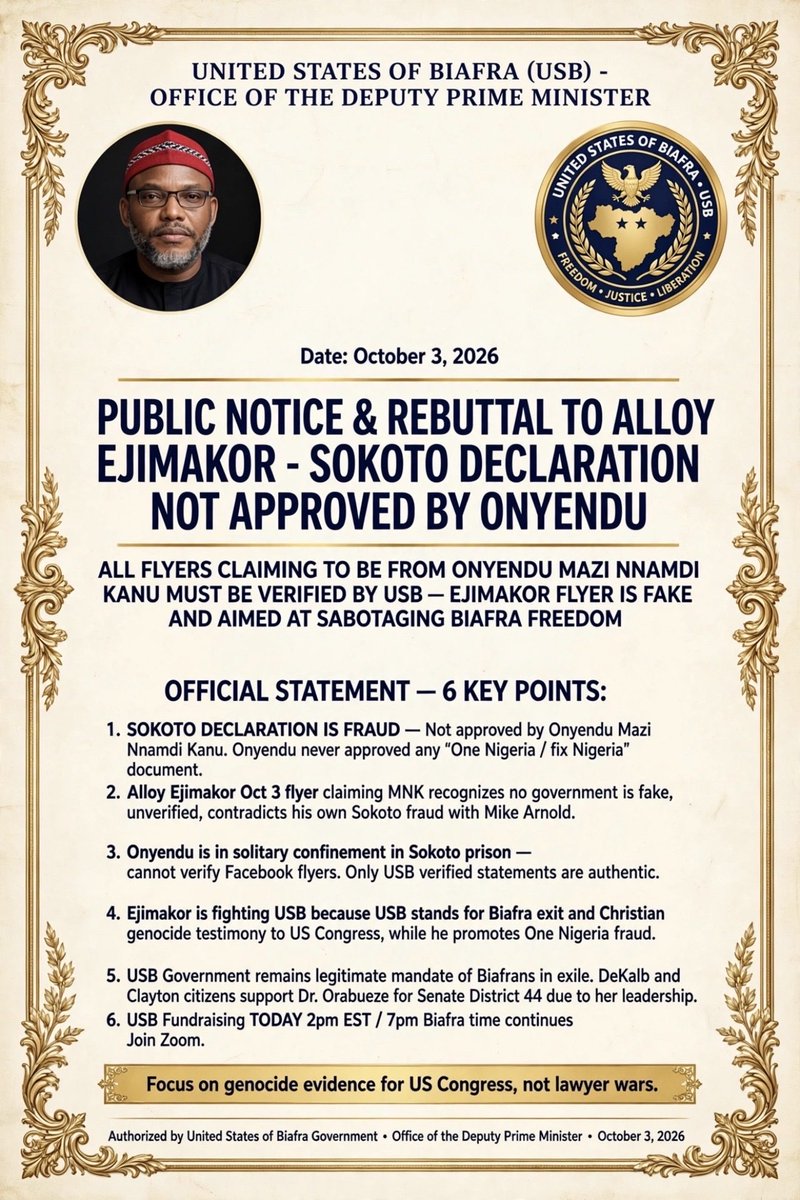 ngoziora's tweet photo. Breaking

Onyendu MNK and DPM Cautions Aloy Ejimakor: Stay Clear of the new USB Christian Nation 

Sokoto Declaration is Fraud 

Nigeria is currently, forcefully occupying a Sovereign Nation and MUST leave

DPM https://t.co/4ShvhIT16y