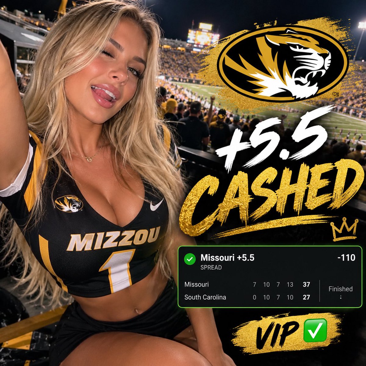 BetsWithBlaire's tweet photo. Safe to say this one is over! 😏

VIP cashes Missouri +5.5 easily! 🥳

Let’s keep it rolling! ☺️

Link in bio to join my vip picks! 😇 https://t.co/rQxQuqzktb