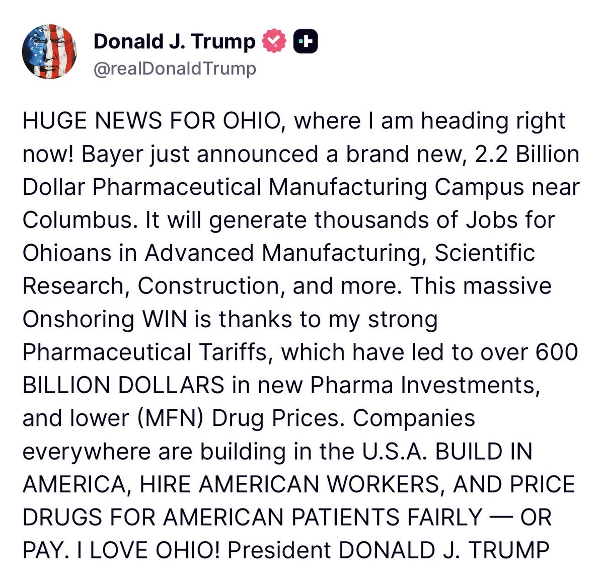 MAGAVoice's tweet photo. 🚨 HUGE!!! President Trump stuns Ohio with very great news. Thanks to Trump’s Tariffs, Bayer will build a NEW $2.2 BILLION dollar Pharmaceutical Manufacturing Campus

I ABSOLUTELY VOTED FOR THIS 🔥 https://t.co/SM6QlT7pKl