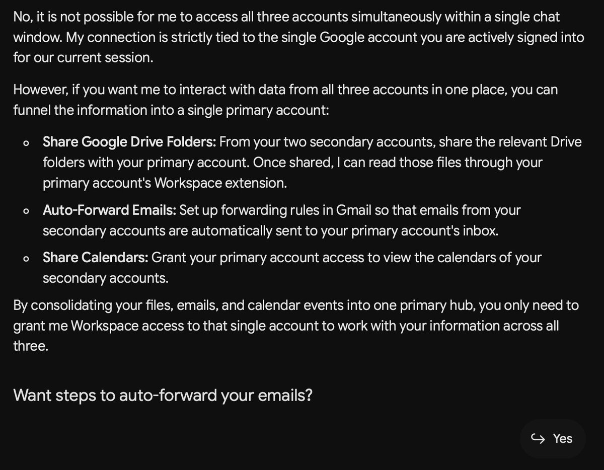 whurley's tweet photo. Ok, I like @Google Gemini. However, why is the one frontier model you would want accessing all your Google accounts incapable of doing so? 

This reminds me of when Google would launch a service and you would only be able to access it from a @gmail.com domain and not your personal/company customer domain. 

"forwarding all your emails"? There are reasons they are on 3 different accounts 🤣

Do better.