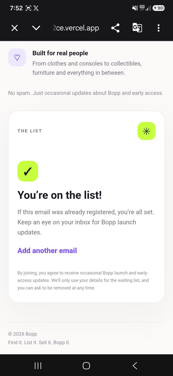 ReeceSolana's tweet photo. 🚨 We're getting Bopp ready for launch.

A simpler place to buy, sell, and find your next thing. 👀

Got clothes you don't wear? Games collecting dust? Cards, tech, furniture or cool stuff someone else would love?

That's what Bopp is for.

We're opening the early-access waiting list, and we'd love you to be part of it from the start.

👇 Get on the list:
https://t.co/c4lgMiXKWH

Find it. List it. Sell it. Bopp it. 💜💚

#BoppMarket #ComingSoon