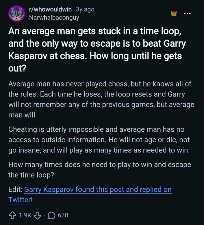 dingchilling's tweet photo. this benchmark reminds me of this hilarious hypothetical posed on reddit three years ago that sparked wars in the chess community. https://t.co/2bseeyfxty
