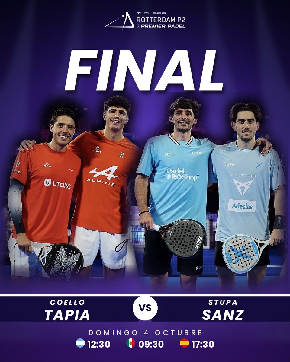 gerardo95223370's tweet photo. FINAL DEL ROTTERDAM P2 🇳🇱 

Tapia/Coello VS Stupa/Sanz 

Todo se define mañana! 
 ¿Quién se lleva el título? 🏆 

#PremierPadel #Rotterdam #Final #padel https://t.co/bqqQ109yHU