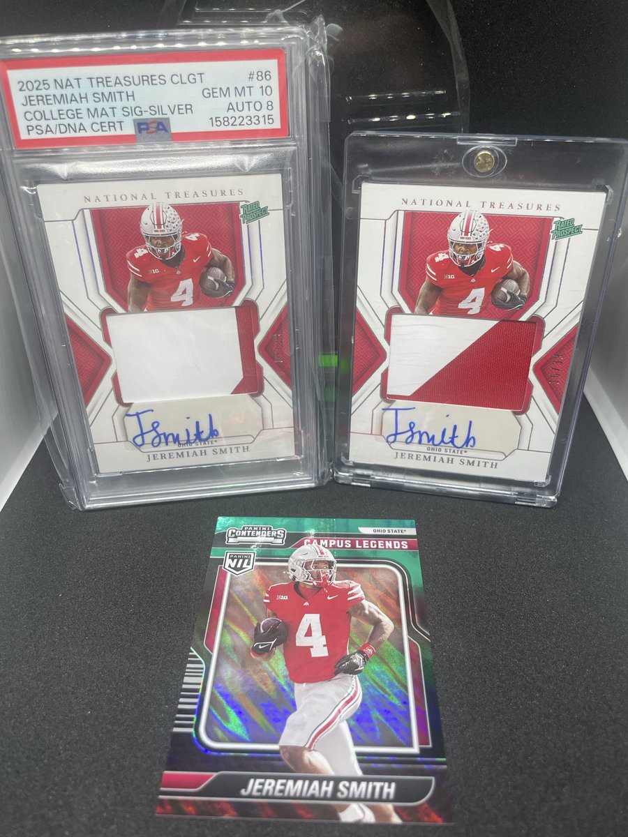 dreamingofbird1's tweet photo. Interested in the Heisman favorite/ potential next #1 pick? Jeremiah Smith. Taking offers on these before putting up for auction. price is higher than last sold prices for sure. Campus legends card is 1/5. Graded Natl treasures PSA 10 is Pop 2.  Both Natl treasures /39. DM me. https://t.co/ZhZGR0Cecj