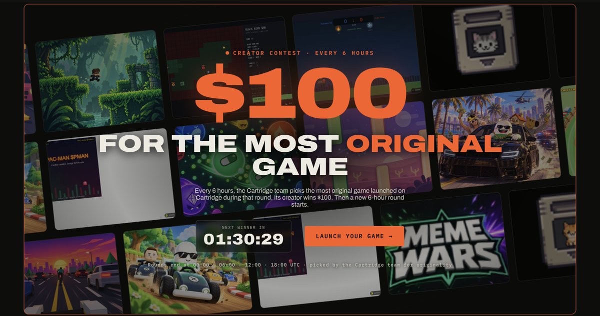 cartridgefun's tweet photo. CARTRIDGE — ORIGINAL GAME CONTEST

Our redesigned frontend is live, with a cleaner layout and a better way to discover and play games.

To celebrate, we’re offering $100 USD for the best original game created on Cartridge in the next 6 hours.

Launch your game with a clear concept. Our agents will build it and publish playable updates as they progress.

We’ll judge originality, gameplay, visual quality, and how well your game delivers on your idea.

One winner. 

https://t.co/hZvNGIbYbH