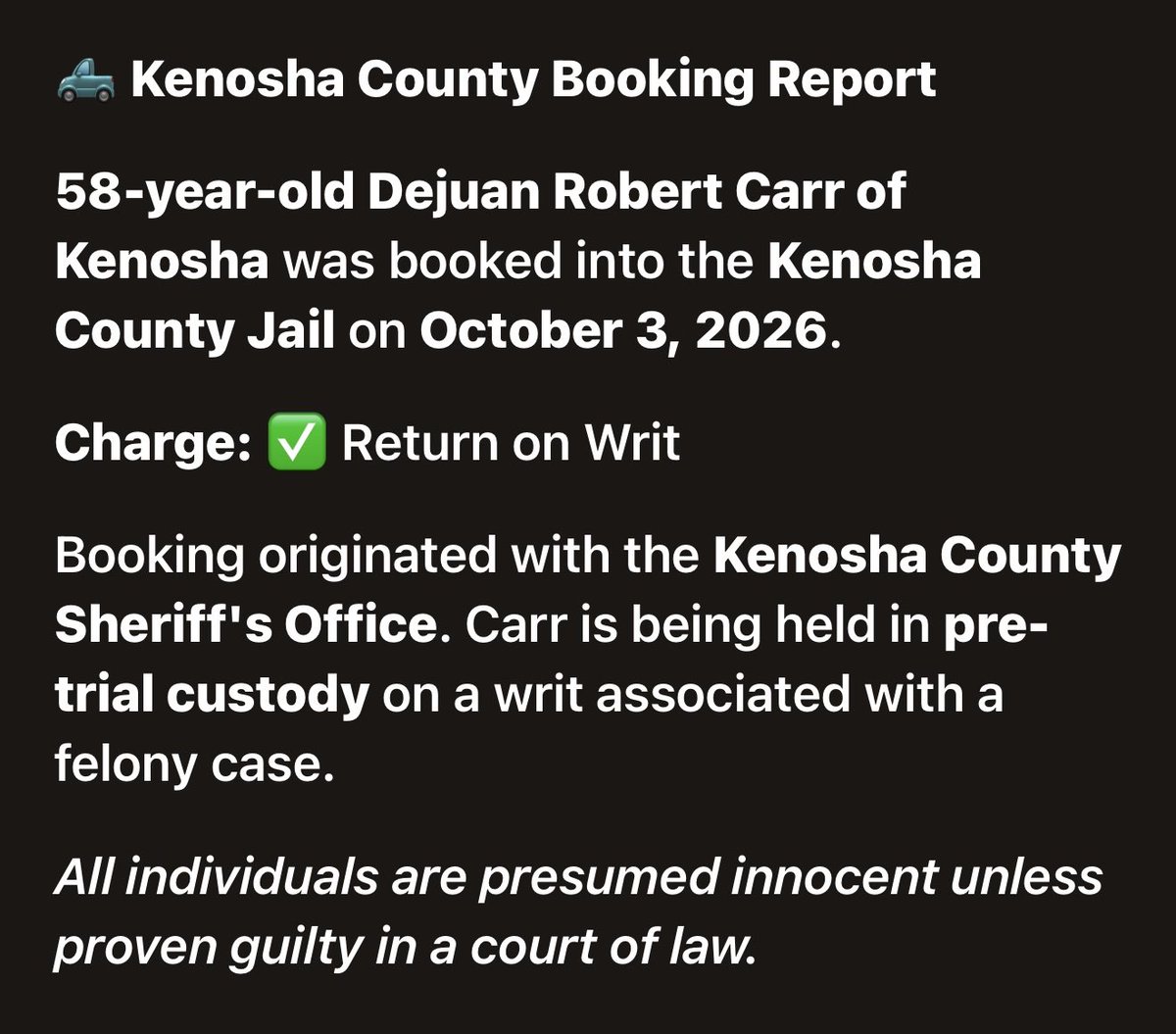 KenoshaRising's tweet photo. CARR, DEJUAN ROBERT
⭐️✨⭐️✨⭐️✨⭐️✨⭐️✨

📍 #KenoshaCounty #KenoshaWI 🚔 #JailBooking 📰 #LocalNews ⚖️ #CommunityUpdate
👮‍♀️#KenoshaCountySheriff

https://t.co/0pgboYi1Y4 https://t.co/ZIYScm7I6f