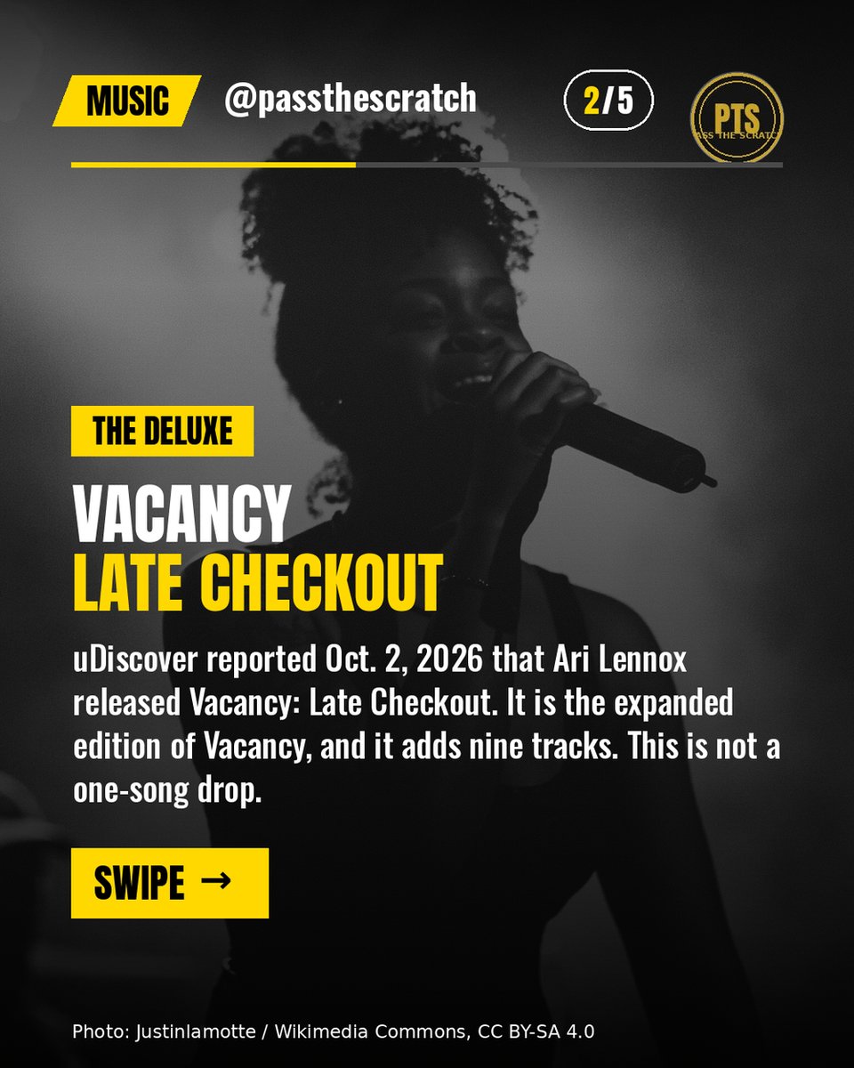 cryptonewb_e's tweet photo. Ari Lennox added nine songs on Vacancy: Late Checkout, including "Hookah Baby," "Slide," and a Foggieraw remix of "Mobbin in DC."
Per uDiscover, Oct. 2. Austin, not Houston.
#AriLennox #PassTheScratch https://t.co/VZ4gXBEQAM