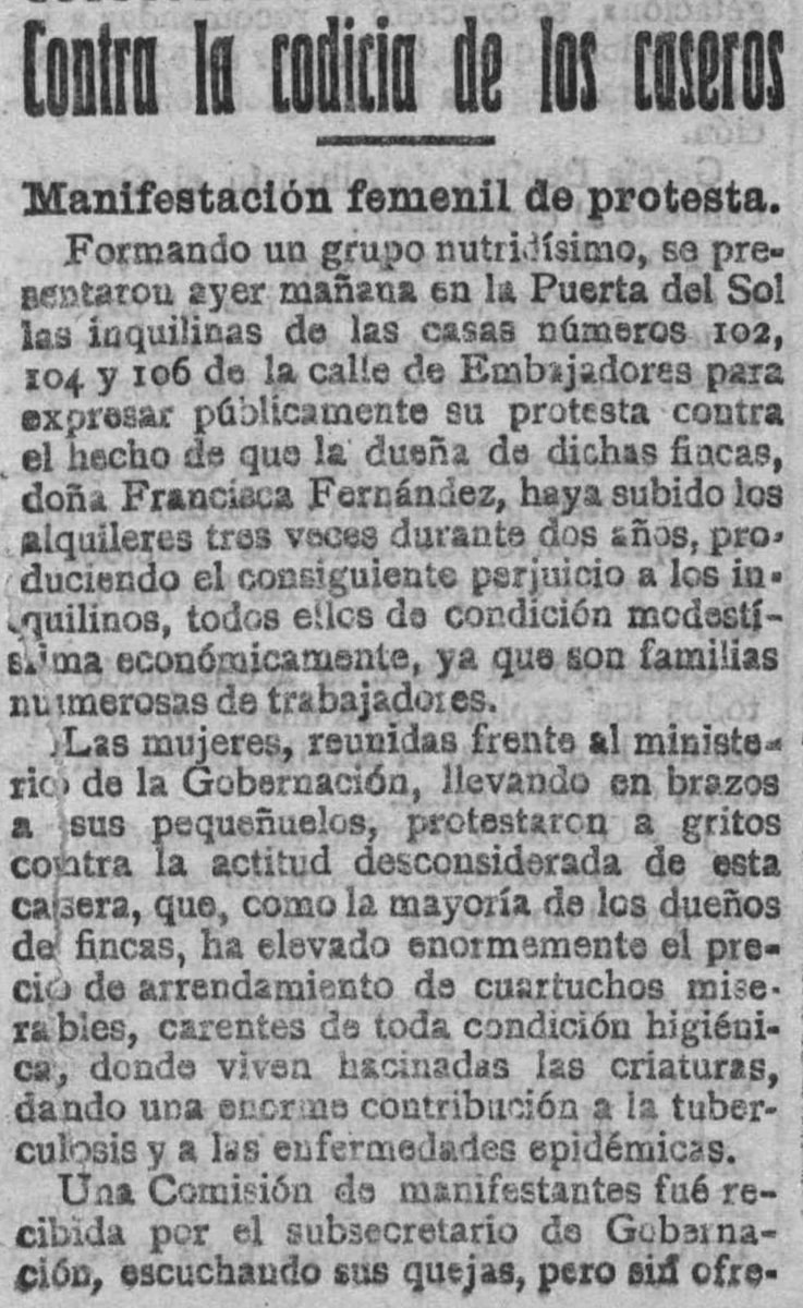 AraMtnezEsteban's tweet photo. #ViviendaDigna 

Desde finales del siglo XIX se han producido manifestaciones en nuestro país por el precio de la vivienda. La más importante de Madrid tuvo lugar en 1920, precisamente en la #PuertaSol. El detonante surgió en Embajadores. De nuevo, ellas al frente. Lean, 👇🏻. https://t.co/UiA9uQWux7