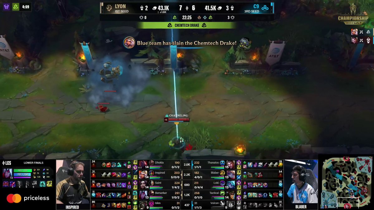 A League of Legends match between LYON and C9 at the LCS Lower Finals at 22:25, with Lyon leading 7-3 after Blue team slayed the Chemtech Drake. The player stats show Inspired (Lyon) with a strong 5/0/0 KDA on Volibear, dominating against C9 members.