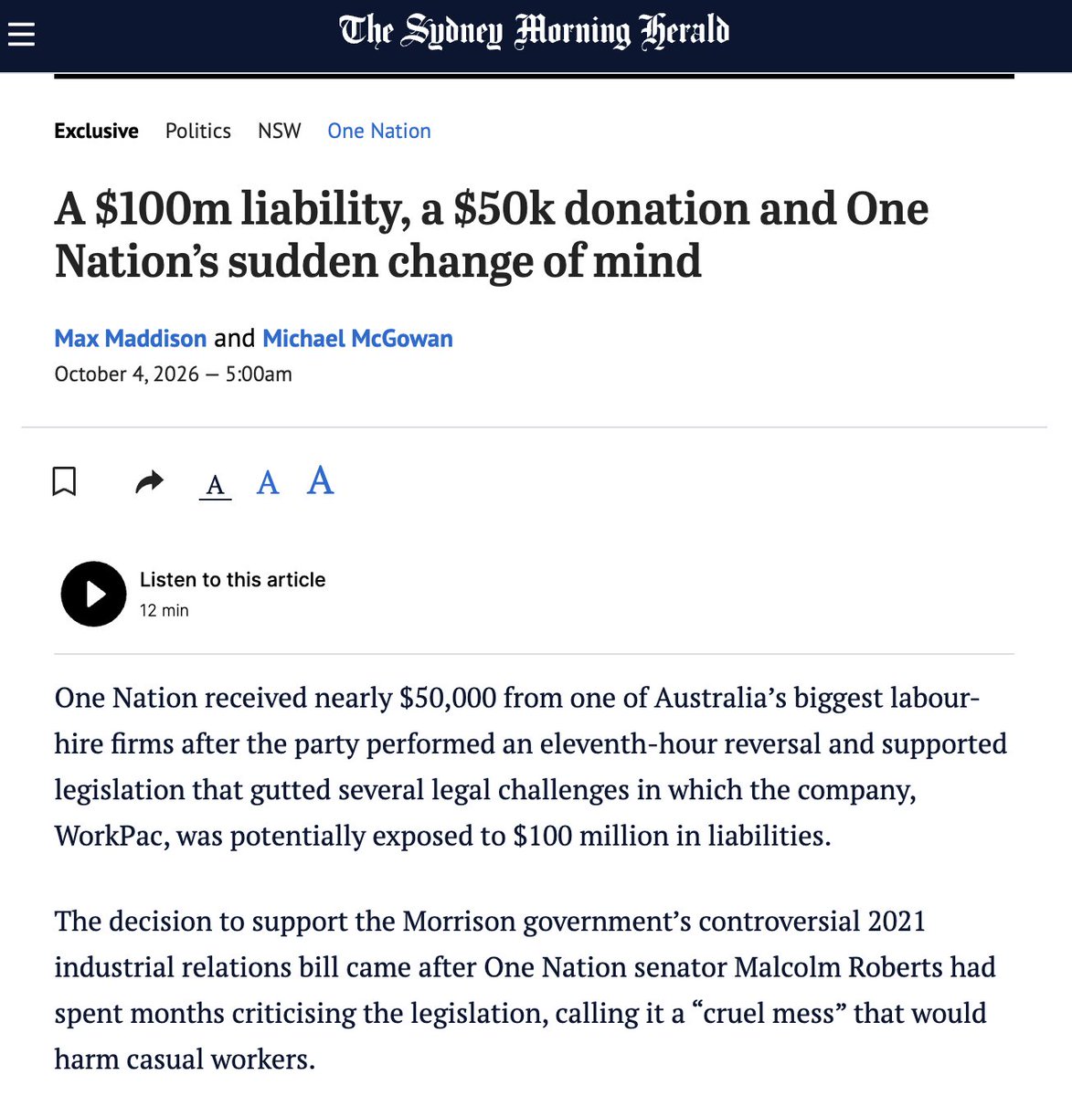 TonySheldonNSW's tweet photo. So One Nation voted with the Liberals to gut the rights of working Australians and protect labour hire corporations.

Then it received nearly $50,000 from one of Australia’s biggest labour hire firms?

One Nation is on the side of billionaire corporations, not yours. https://t.co/uqoZ5QvNnk