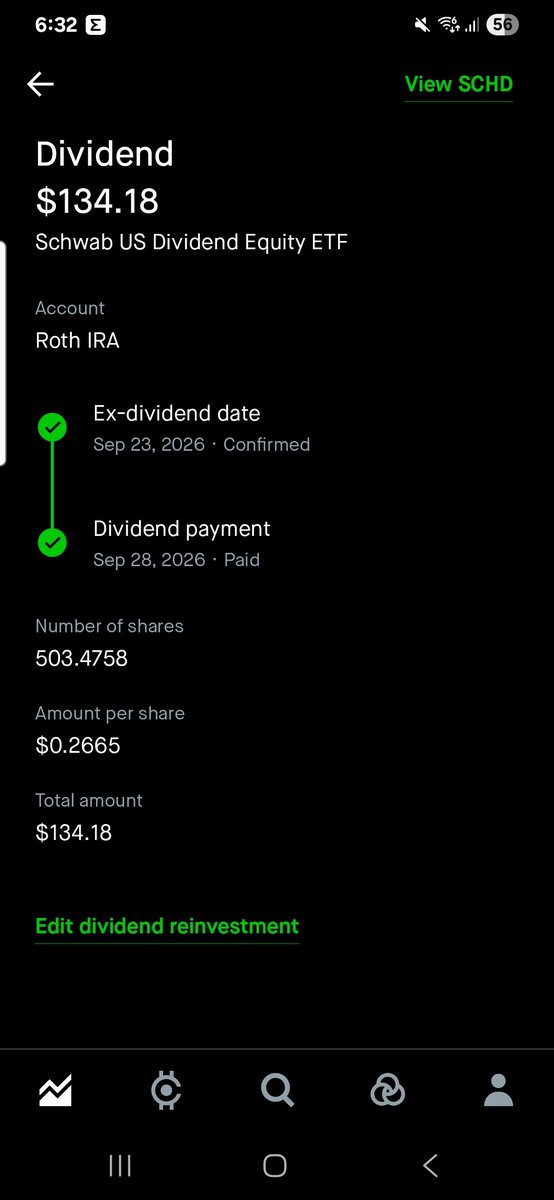 Mb8Dividend's tweet photo. SCHD paid me $134.18 in dividends in my Roth IRA. 💰
I put it right back to work:
→ $100 into SCHD
→ $34.18 into QQQM
Just reinvesting and letting the money compound. 📈
#RothIRA #SCHD #QQQM #Dividends #Investing https://t.co/TqZFQ3r54m