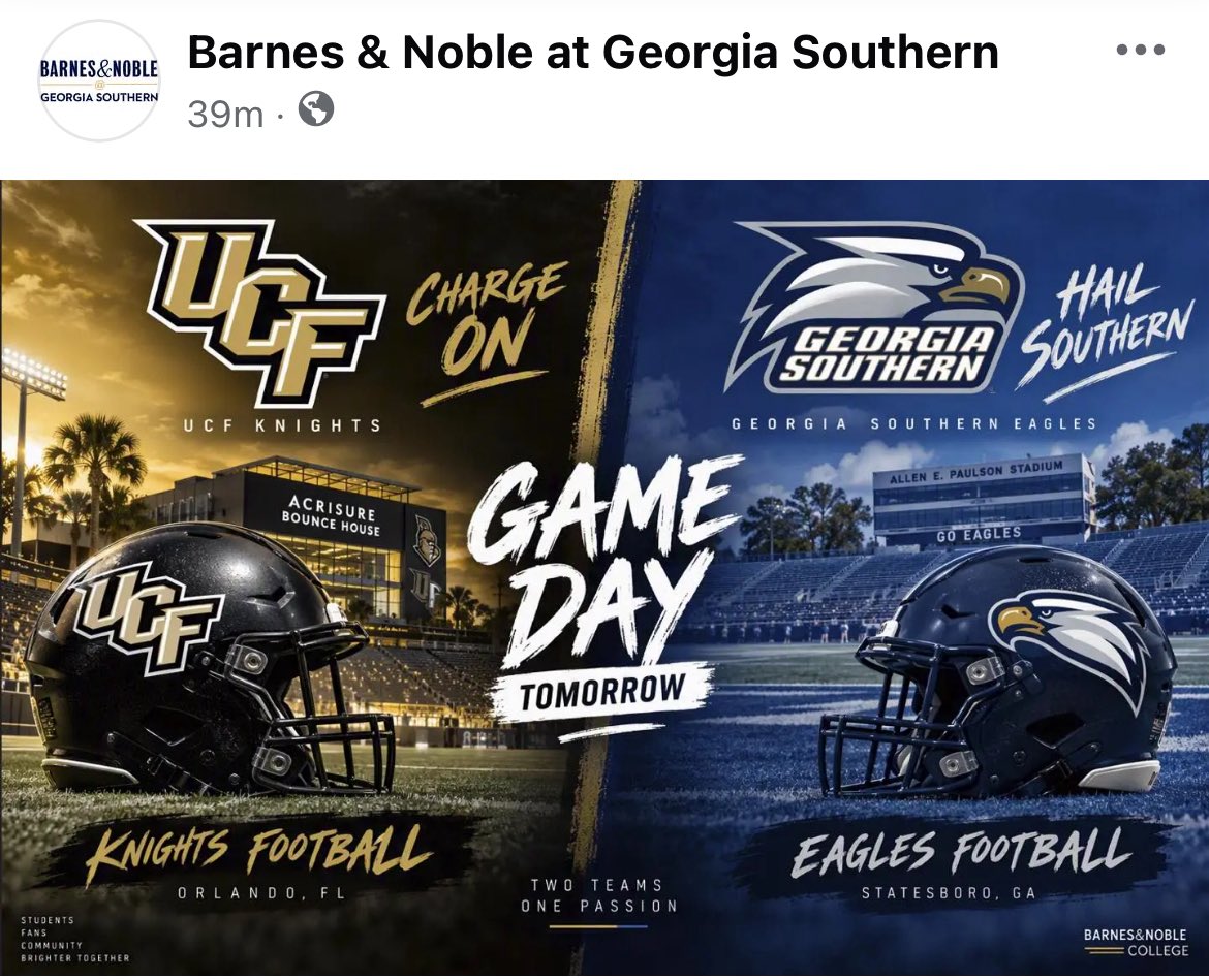GSEagleMan's tweet photo. When the bookstore doesn’t even know who their own school is playing… @GeorgiaSouthern, was @BNBuzz really the best we could do for the @GSUstore? And isn’t it agains the Student Code of Conduct to use AI, but acceptable for the bookstore to use it? https://t.co/4EGSLrngxI