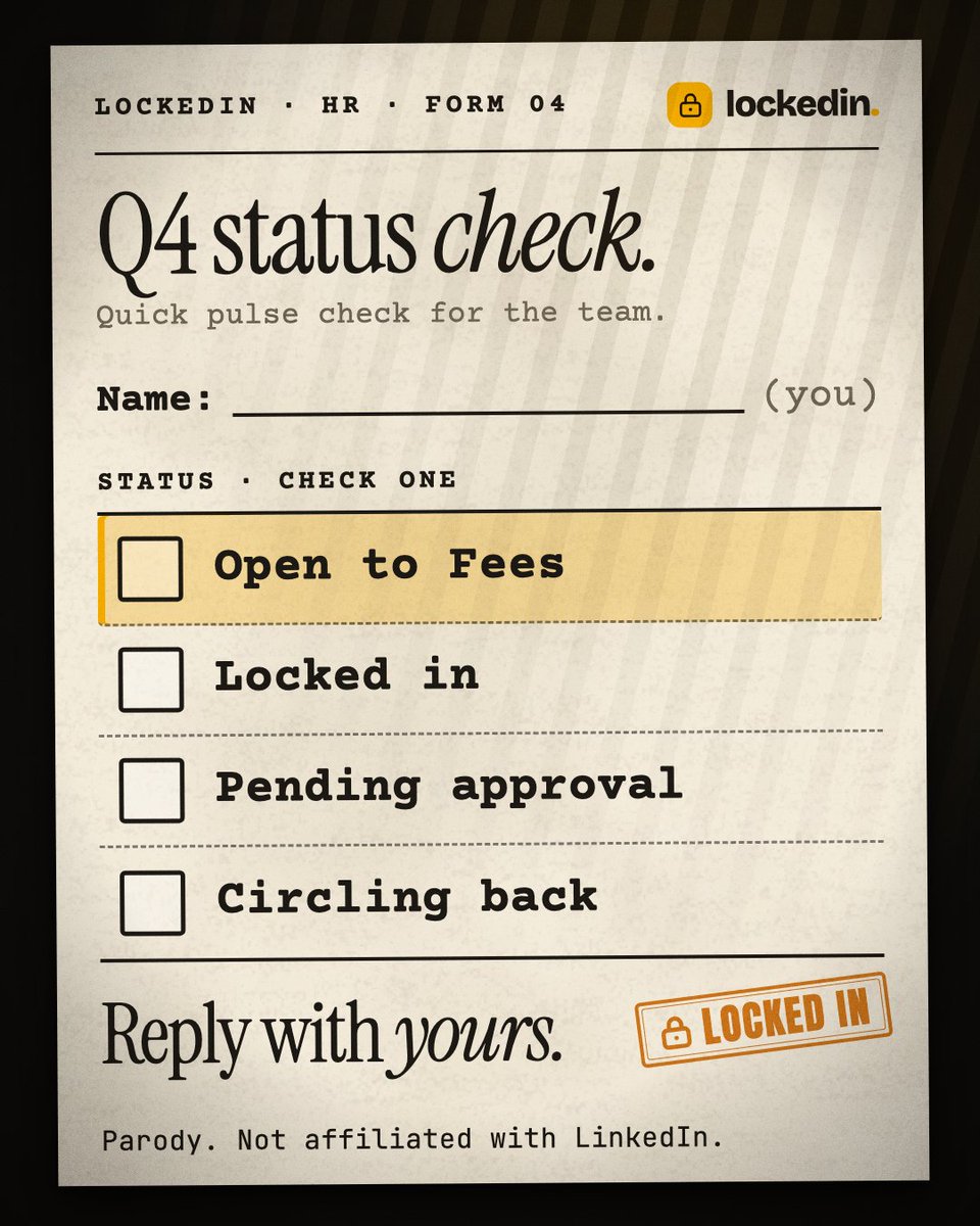 launchlockedin's tweet photo. Quick pulse check for the team.

What's your status this quarter?

Reply with yours. https://t.co/BQZ5jXWMoP