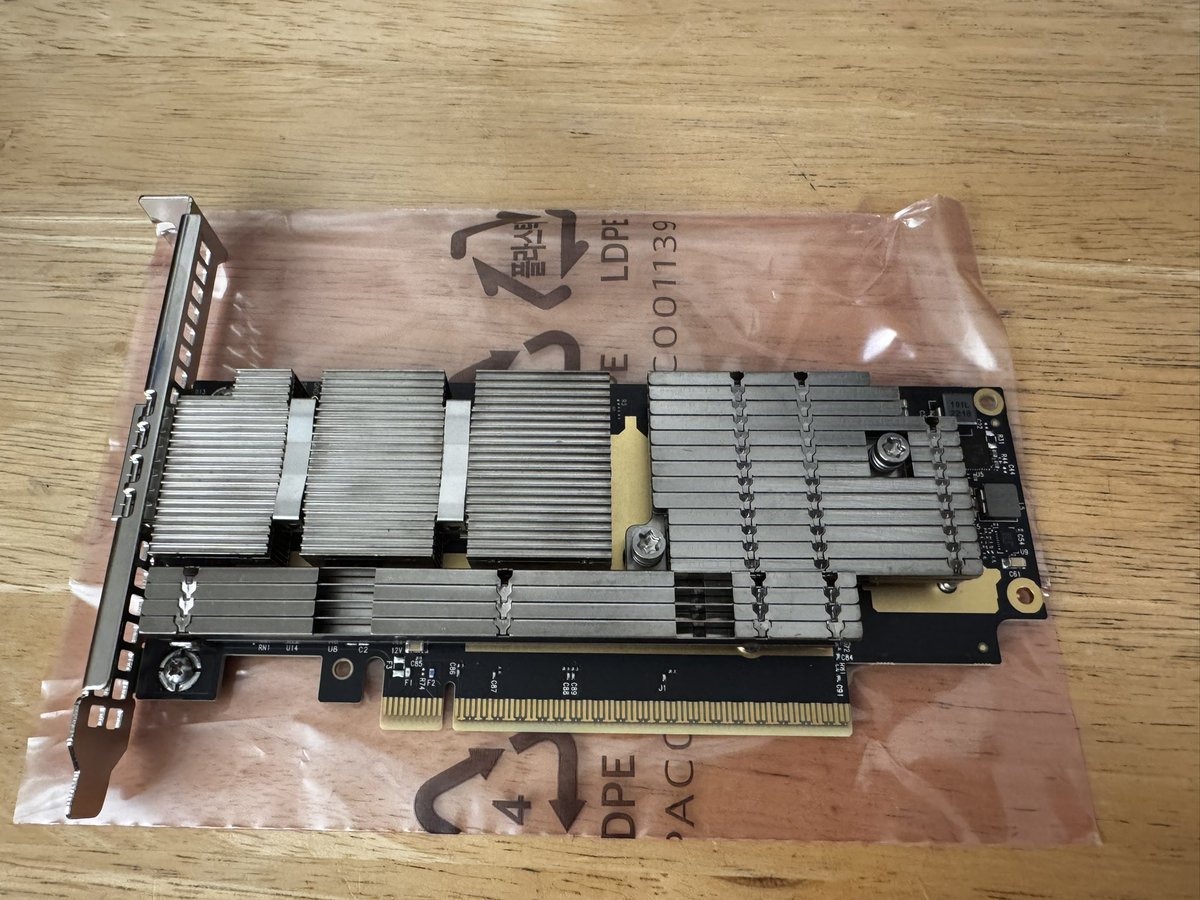 0xHyudryu's tweet photo. New toy arrived. Using this to bridge my RTX PRO 6000 workstation into my DGX Spark cluster via ConnectX-7. 

Going to start experimenting with a hybrid GPU + Spark setup to speed up large MoE models on the sparks https://t.co/sz3ot5st6t