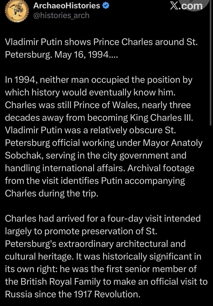 miketheking1517's tweet photo. Back when Putin was a “obscure official handling international affairs for Mayor Anatoly Sobchak” he guided then guided Prince Charles on a tour including the Romanov burial sites on the 1st official British royal visit to Russia since 1917.

Putin was groomed &amp; installed by 🇬🇧👑 https://t.co/sxNhYyXafs