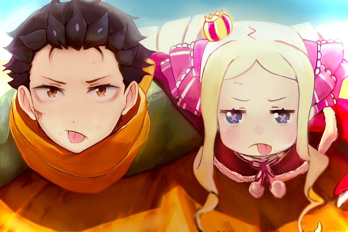 sazzuno's tweet photo. Subaru and Beatrice synchronized blep! 
#リゼロ #rezero https://t.co/td18bkGnEe