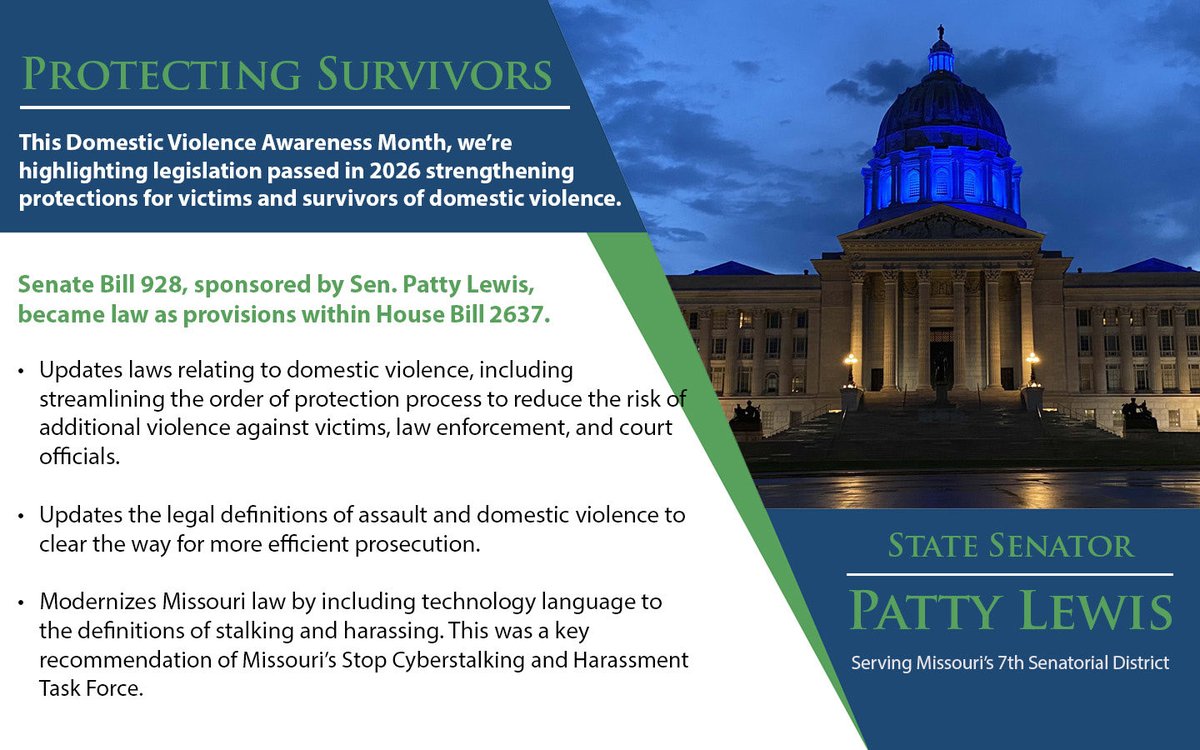 Patty4MO's tweet photo. Oct is Domestic Violence Awareness Month. I am proud of the work we accomplished last session but there is more work to be done. I will continue to advocate for protections for survivors &amp; work to end domestic violence. #DVAM2026 #WithSurvivors #DVActionMonth #MOLeg #MOSen 🧵1/2 https://t.co/7ZxnvfCLz3