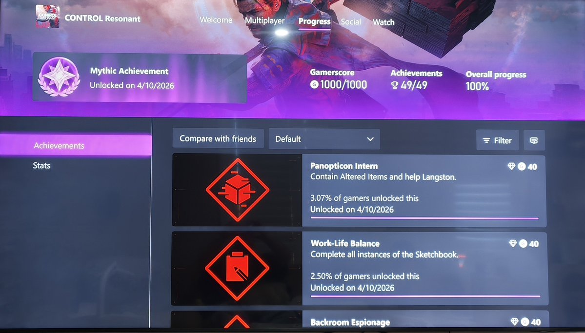 mrru5s3ll's tweet photo. My first new #xbox @xbox Mythic Achievement since the update is @remedygames @ControlRemedy #ControlResonant - what an absolutely brilliant game, my GOTY 2026! https://t.co/zEt89MR1HF