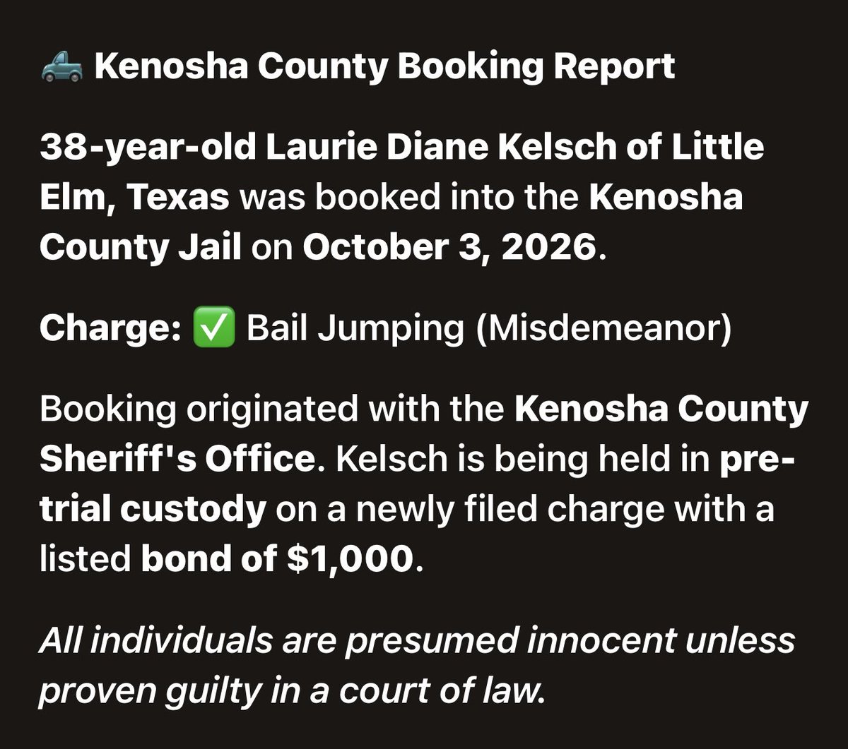 KenoshaRising's tweet photo. KELSCH, LAURIE DIANE
✨⭐️✨⭐️✨⭐️✨⭐️✨⭐️

📍 #KenoshaCounty #KenoshaWI 🚔 #JailBooking 📰 #LocalNews ⚖️ #CommunityUpdate
👮‍♀️#KenoshaCountySheriff

https://t.co/7NNIE0q94m https://t.co/IoFzhCJ1ZL