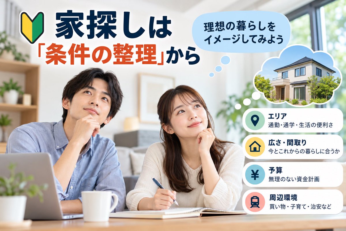 sumai_opinion's tweet photo. 家探しで最初に決めたいのは「絶対に譲れない条件」🏠

エリア、広さ、予算、通勤・通学、周辺環境…。
全部を満たす物件を探すより、

①絶対に必要
②できれば欲しい
③なくても困らない

この3段階に分けると、物件選びの迷いが減ります。

#住宅購入 #家探し https://t.co/YXSDd2C1oH