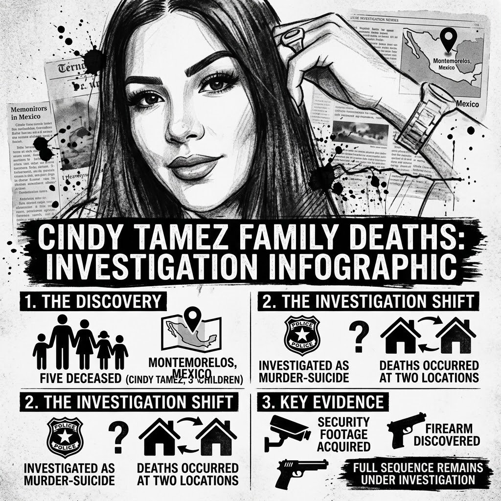 DARKCOMX's tweet photo. Cindy Tamez, her partner and three children were found dead in Montemorelos, Mexico, with authorities investigating the case as a murder-suicide. The deaths unfolded across two locations, while a firearm and security footage became key evidence in reconstructing the sequence. The case shows how one investigation can shift from a family tragedy to a suspected crime scene, but the full sequence remains under investigation.

Cindy Tamez Family Deaths