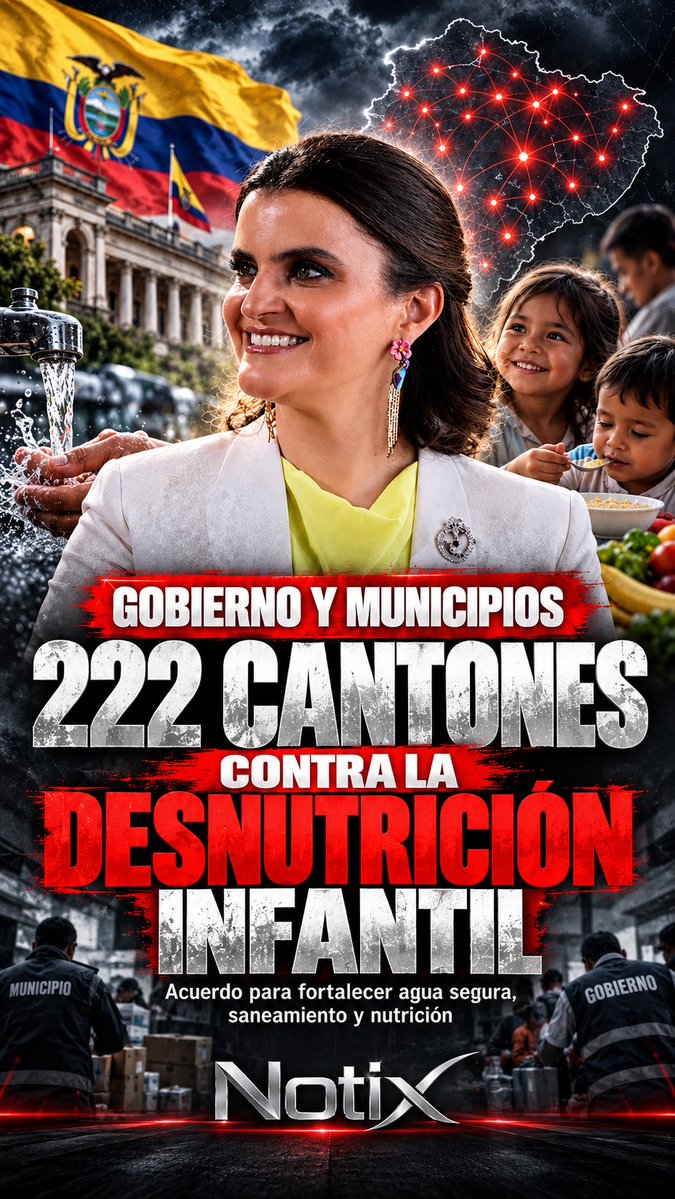 NotixMedia's tweet photo. 👶🇪🇨 #Ecuador | El Gobierno y los 222 municipios del país unirán esfuerzos para combatir la desnutrición crónica infantil.

La vicepresidente María José Pinto y la Asociación de Municipalidades Ecuatorianas (AME) firmaron un convenio para fortalecer la atención a la primera infancia en todo el territorio nacional.

El acuerdo contempla asistencia técnica a los municipios y acciones enfocadas en agua segura, saneamiento, seguridad alimentaria y creación de ordenanzas para proteger a niñas y niños. La AME también podrá apoyar en la estructuración de proyectos de agua potable y analizar el cofinanciamiento de estudios de factibilidad. 

El seguimiento no quedará solo en el papel , se realizarán evaluaciones trimestrales para medir los avances en cada territorio. Según la Vicepresidencia, la coordinación no afectará la autonomía de los municipios ni generará gastos presupuestarios adicionales por este convenio. 

El reto sigue siendo importante, la última cifra oficial publicada por el INEC ubica la desnutrición crónica infantil en el 19,3 % de los menores de 2 años en Ecuador, frente al 20,1 % registrado en el periodo anterior.