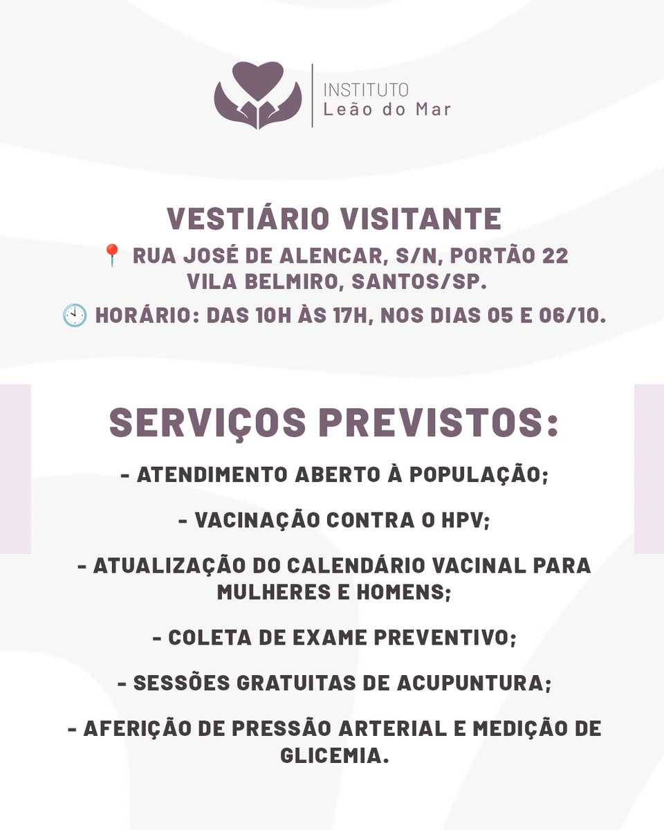 SantosFC's tweet photo. O Santos FC, em parceria com o Instituto Leão do Mar, realizará, nos dias 05 e 06 de outubro, das 10h às 17h, o lançamento do Núcleo Naty Potira de Saúde da Mulher, iniciativa voltada à promoção da saúde, à prevenção e à ampliação do acesso da população a serviços gratuitos de atendimento.

O núcleo homenageia Naty Potira, importante torcedora santista, com o propósito de dar visibilidade à sua trajetória e preservar sua memória por meio de uma iniciativa de impacto social. A programação contará com ações de atendimento e acolhimento relacionadas à saúde e ao cuidado de pessoas com câncer.

Você é eterna e inesquecível! 🩷🤍🖤