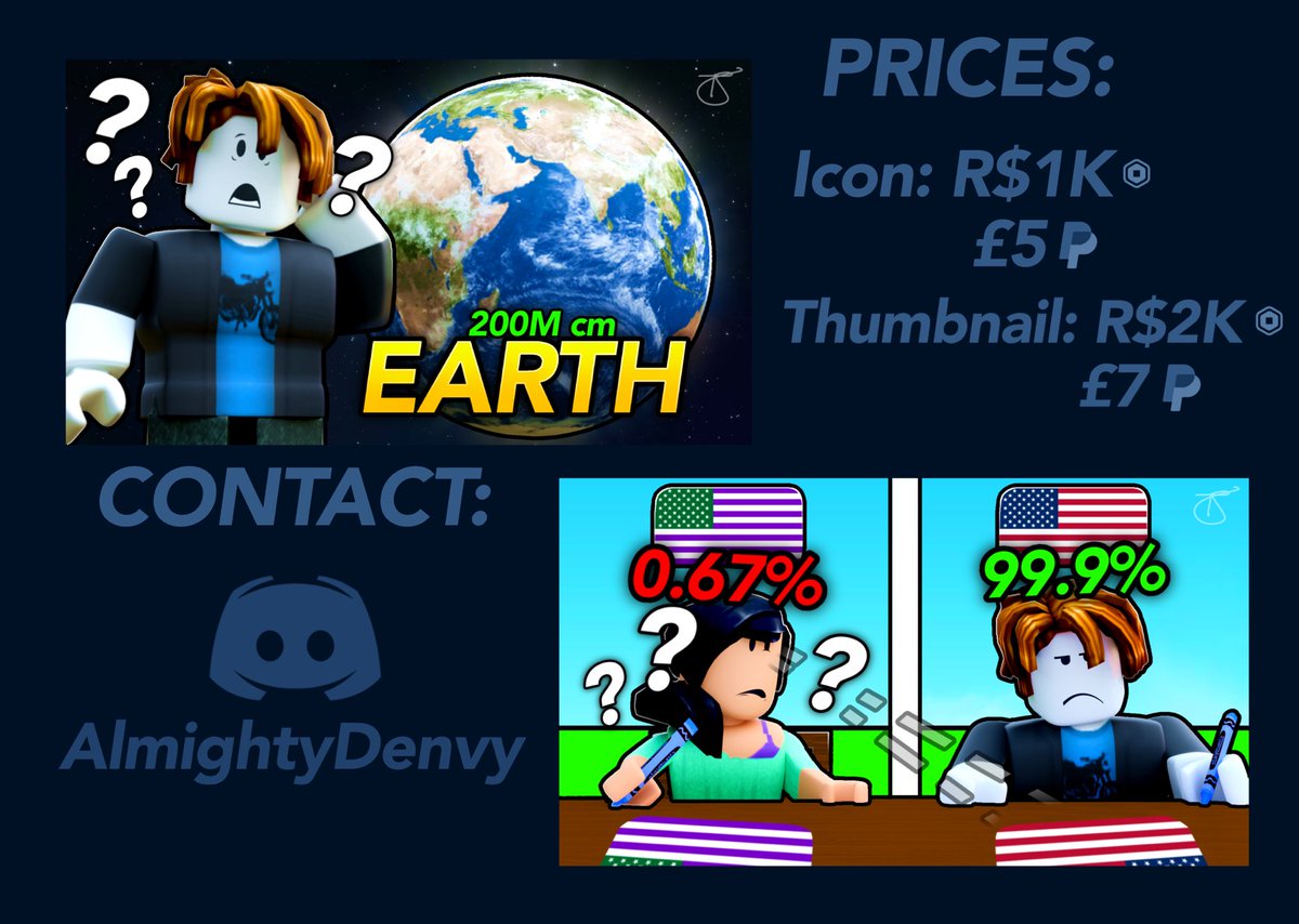 DenvyDev's tweet photo. 🔥 Recent New Thumbnails

✅ Want to order? Discord - AlmightyDenvy

   Like, CMT &amp; REPOST will help a lot! ❤️
#roblox #robloxgfx #robloxdev #robloxart https://t.co/wEEkKlt9o2