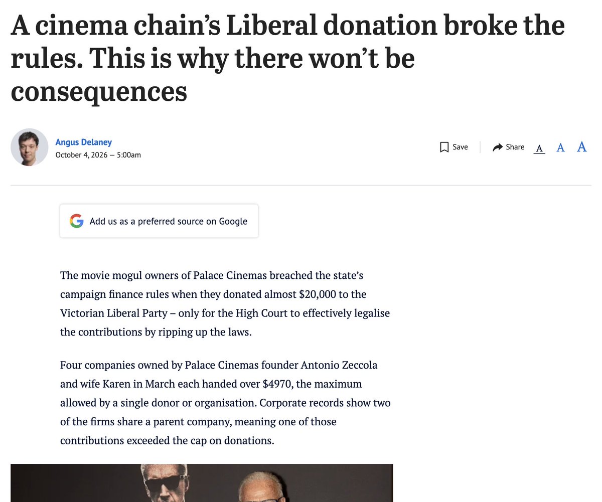 aaronsmith's tweet photo. Palace Cinemas donated nearly $20k to the Liberal Party, all tax deductible, and it's $15k more than you can donate to your candidate of choice.

Jess Wilson has placed advertisements before movies at Palace Cinemas.

An astonishing series of mutually convenient coincidences. https://t.co/Gm6fhFtSJM
