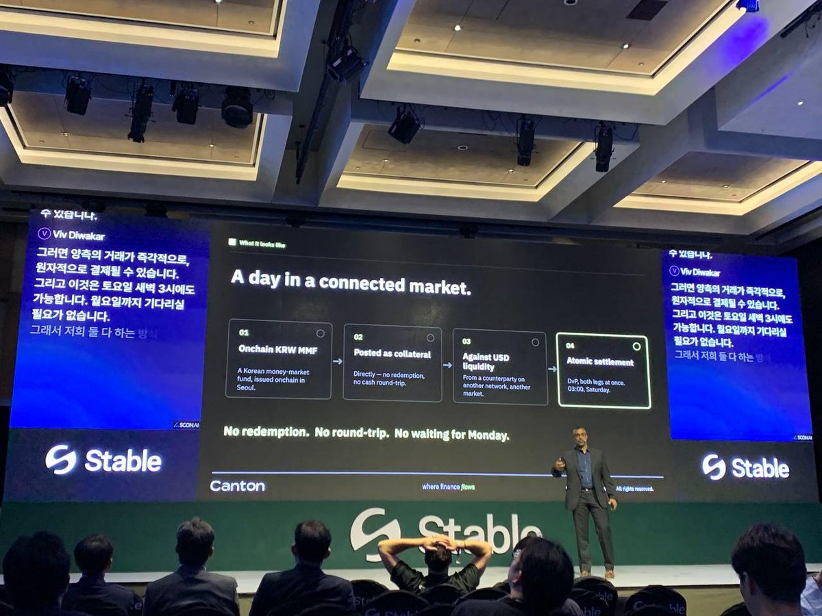 CantonFdn's tweet photo. Canton Foundation's @Viv_Diwakar took the Stablecoin Stage at @KBWOfficial with a keynote on where institutional finance is actually heading.

"Real markets were never going to collapse onto one ledger. The future of institutional finance belongs to privacy-enabled, interconnected networks."