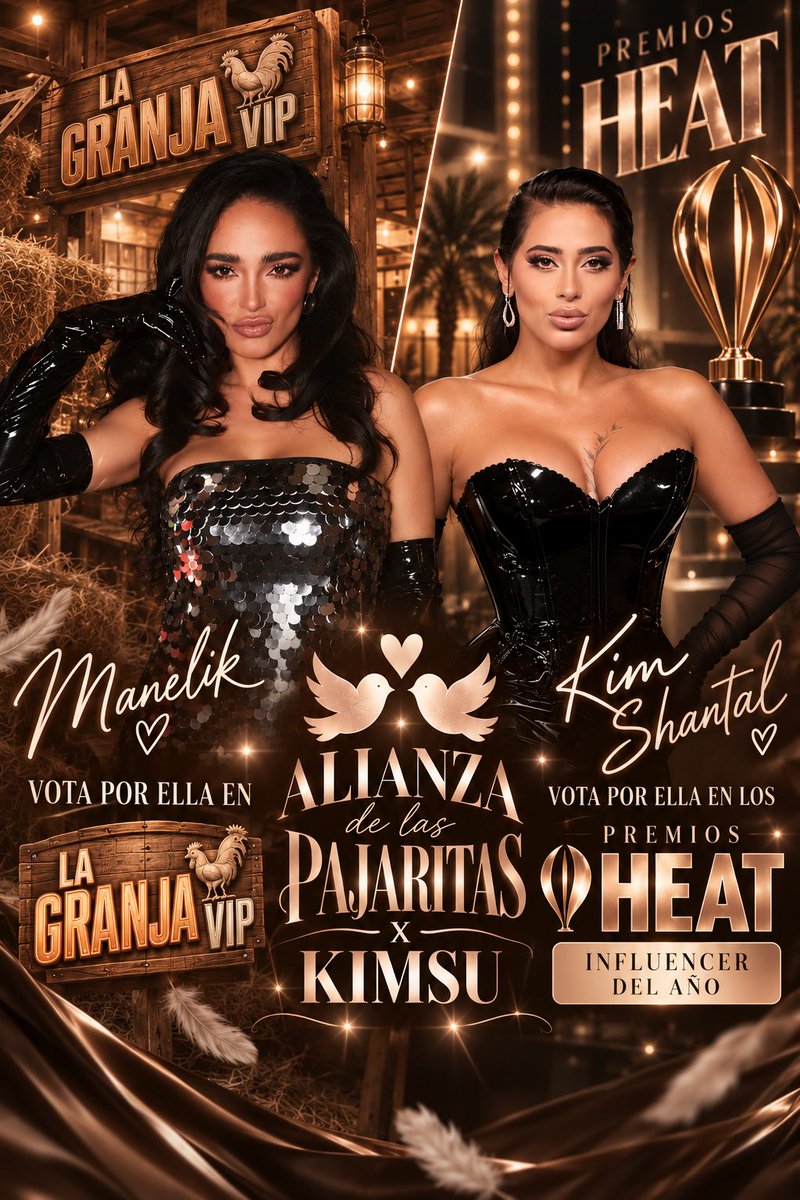 TeamKimsu's tweet photo. Hoy las Pajaritas x KIMSU hacemos equipo por ellas. Dos fandoms, una alianza y todo nuestro apoyo para Manelik y Kim. 🌟

🐦 MANELIK — LA GRANJA VIP
Acompañémosla en esta aventura y hagamos sentir todo nuestro apoyo. Entra a la votación y vota por Manelik para que siga avanzando en La Granja VIP. 🐔🔥
👉🏻 https://t.co/PcdqYm0bF4 

🖤 KIM SHANTAL — PREMIOS HEAT
También queremos llevar a Kim hasta lo más alto. 🏆✨
Descarga la app de los HEAT, entra a la categoría “Influencer del Año” y vota por Kim Shantal. Recuerda que puedes votar nuevamente cada 24 horas.

🐦 @mawy_clips X @TeamKimsu 🌟
Dos comunidades que hoy se unen, una misma meta y todo nuestro apoyo para Manelik y Kim. 

¡Hagamos que se sienta nuestra fuerza y apoyemos a ambas! 

#KimShantal #Manelik #LaGranjaVIP #HEATLatinMusicAwards